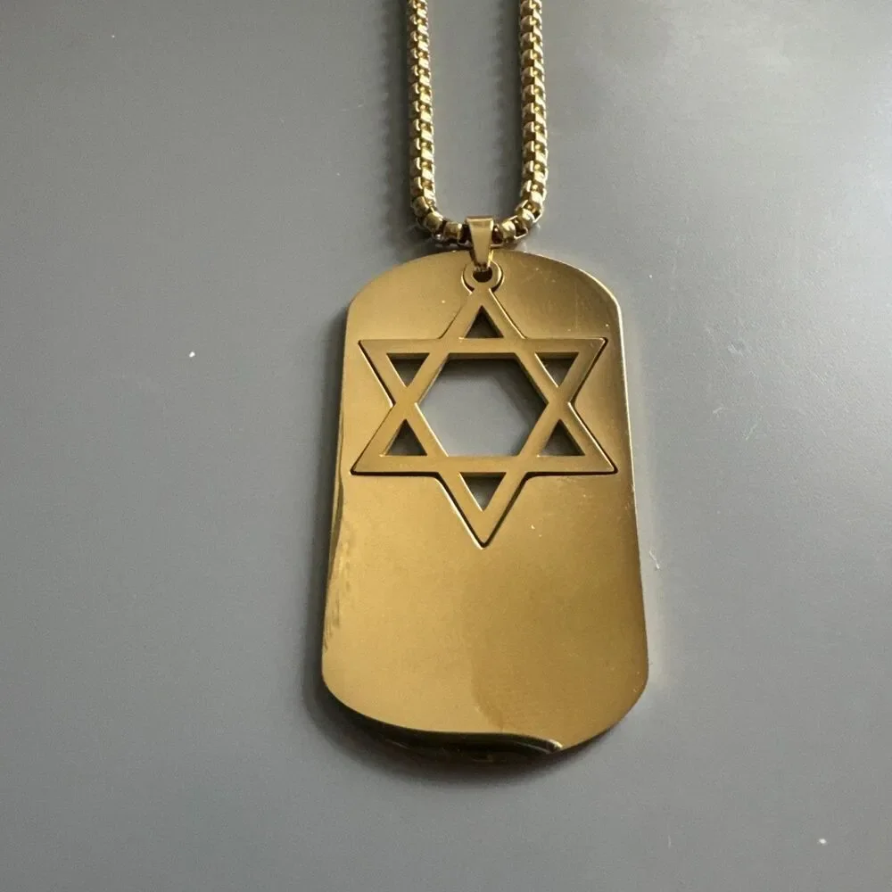 Star Of David Tag Pendant Necklace 24” Chain Jewish Heritage Israel Gold Tone